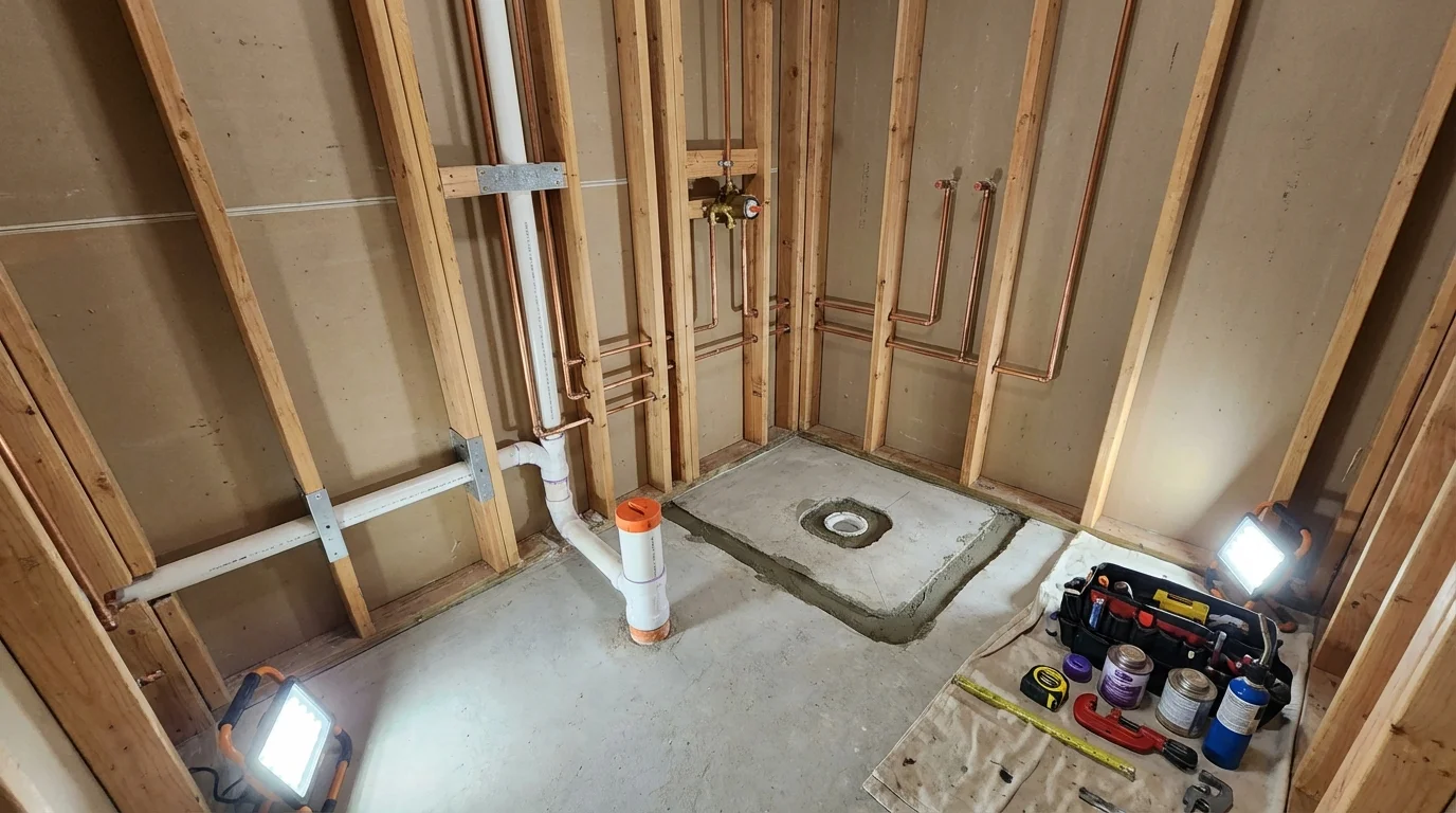 Bathroom rough-in plumbing during remodel by Johns Plumbing LLC in Henagar