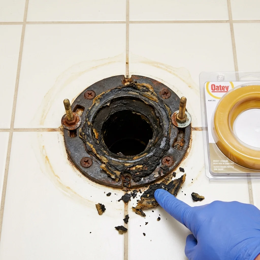 Failed wax ring showing water seepage at the base of a toilet in a Henagar, AL home