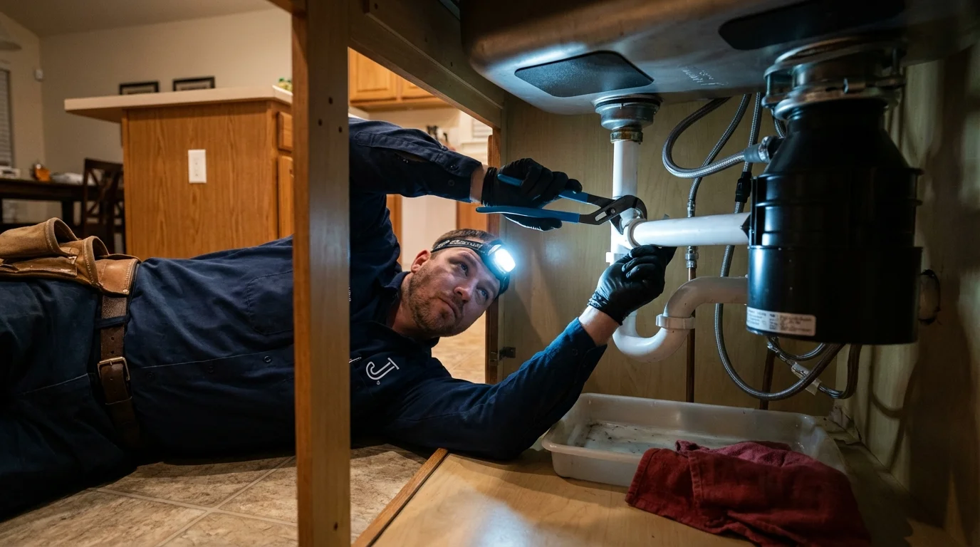 P-trap and supply line connections under a kitchen sink showing a common leak point in Henagar, AL